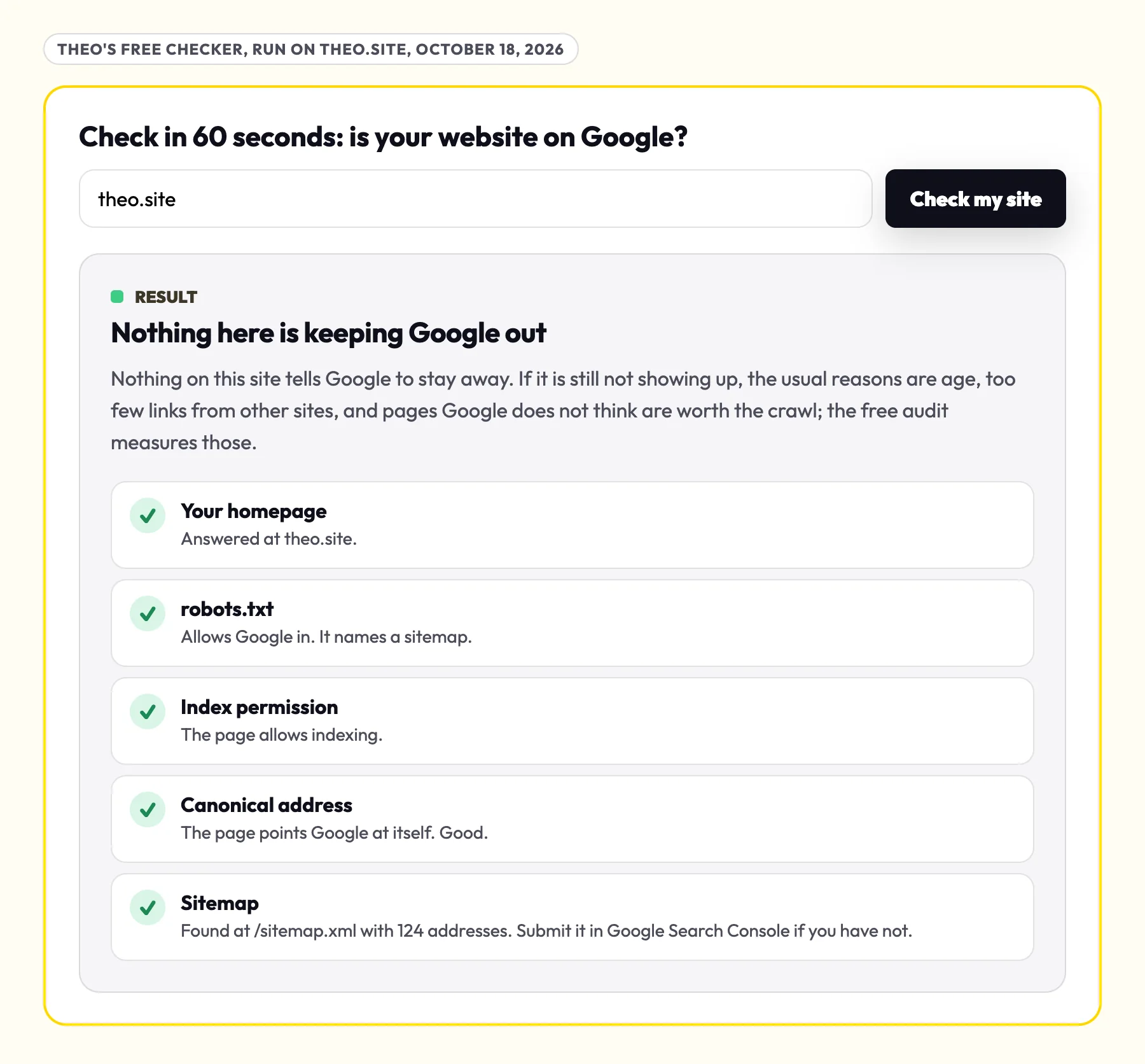 Theo's free checker result for theo.site: nothing here is keeping Google out, with green checks for the homepage, robots.txt, index permission, canonical address and sitemap