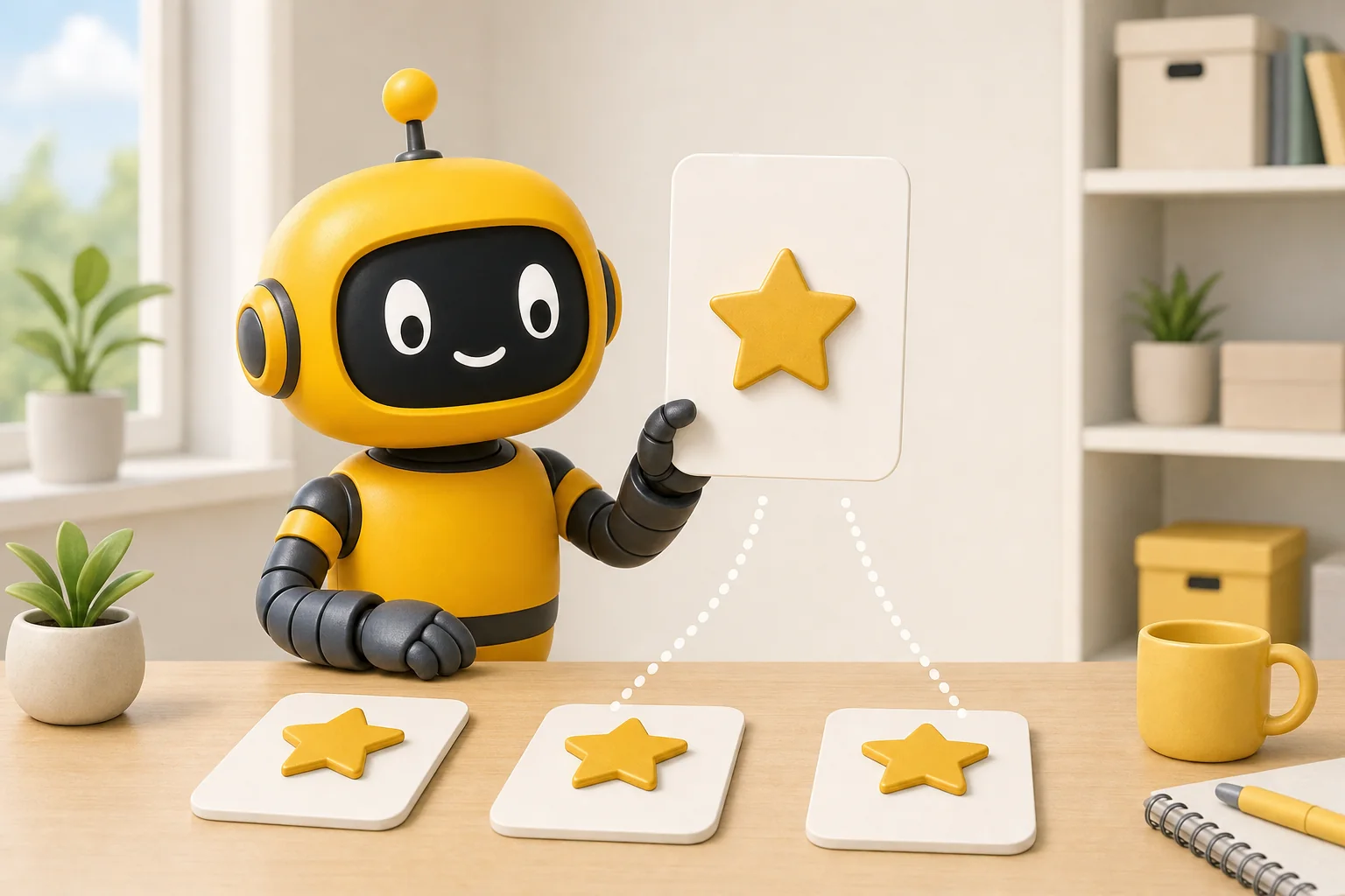 Theo's yellow robot holding up one card with a gold star while three matching cards on the desk point to it