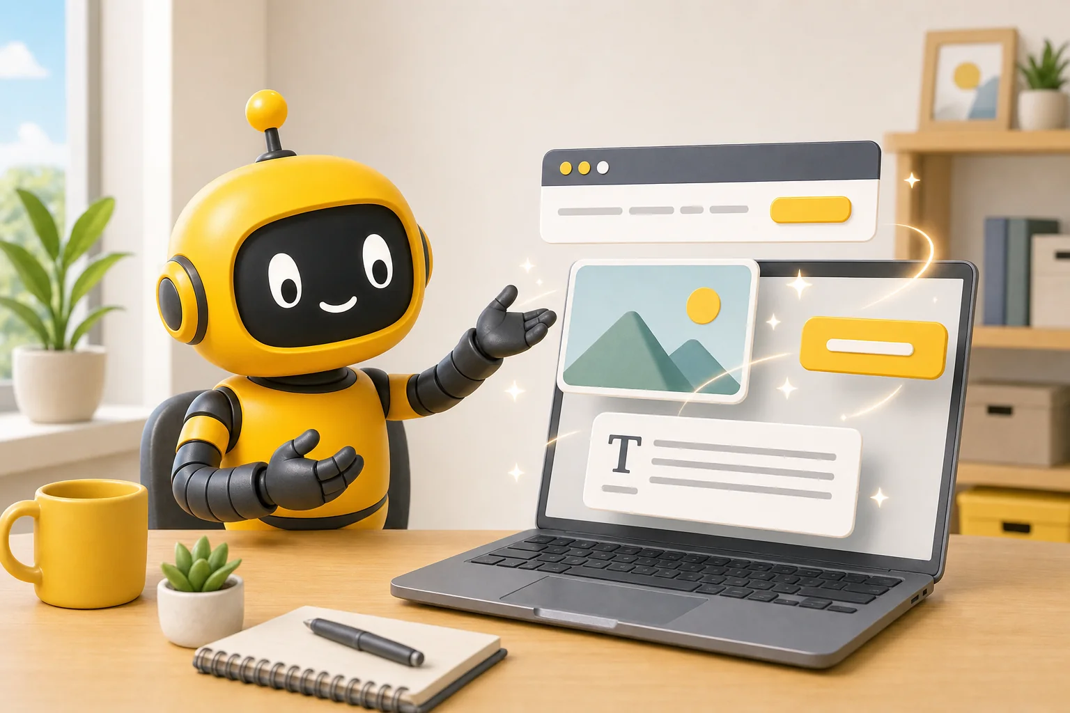 Theo robot assembling a website on a laptop from floating pieces with soft sparkles