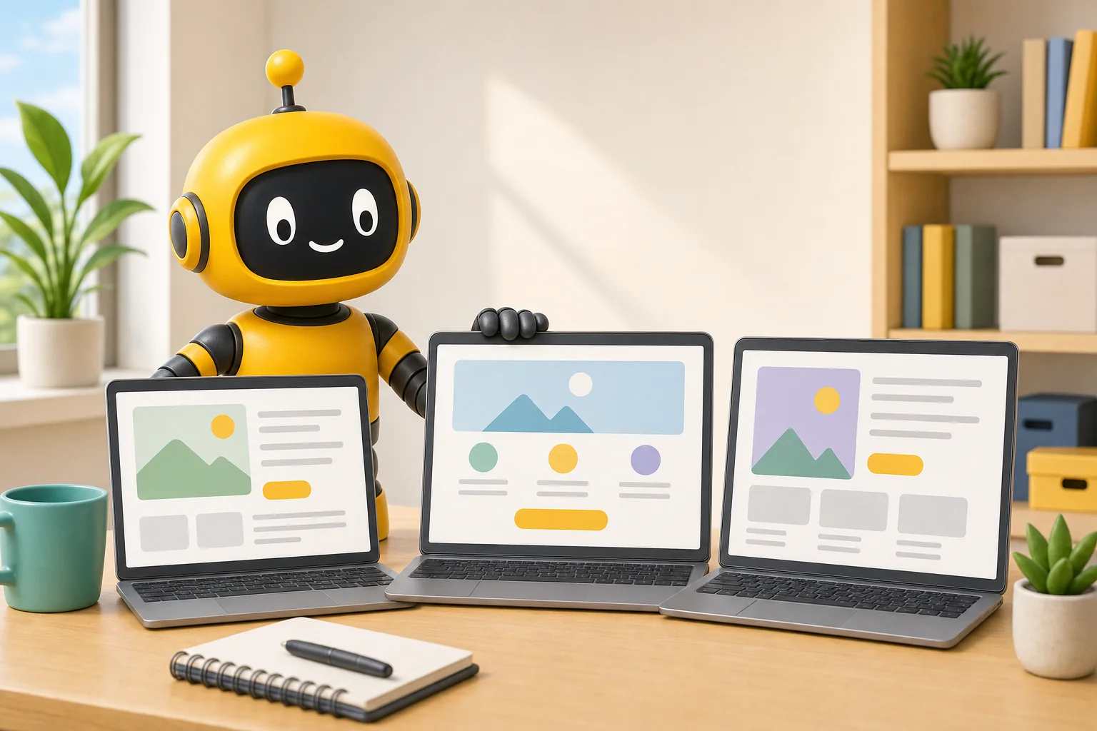 Theo robot picking one laptop from a lineup, each showing a different simple website, with a green check