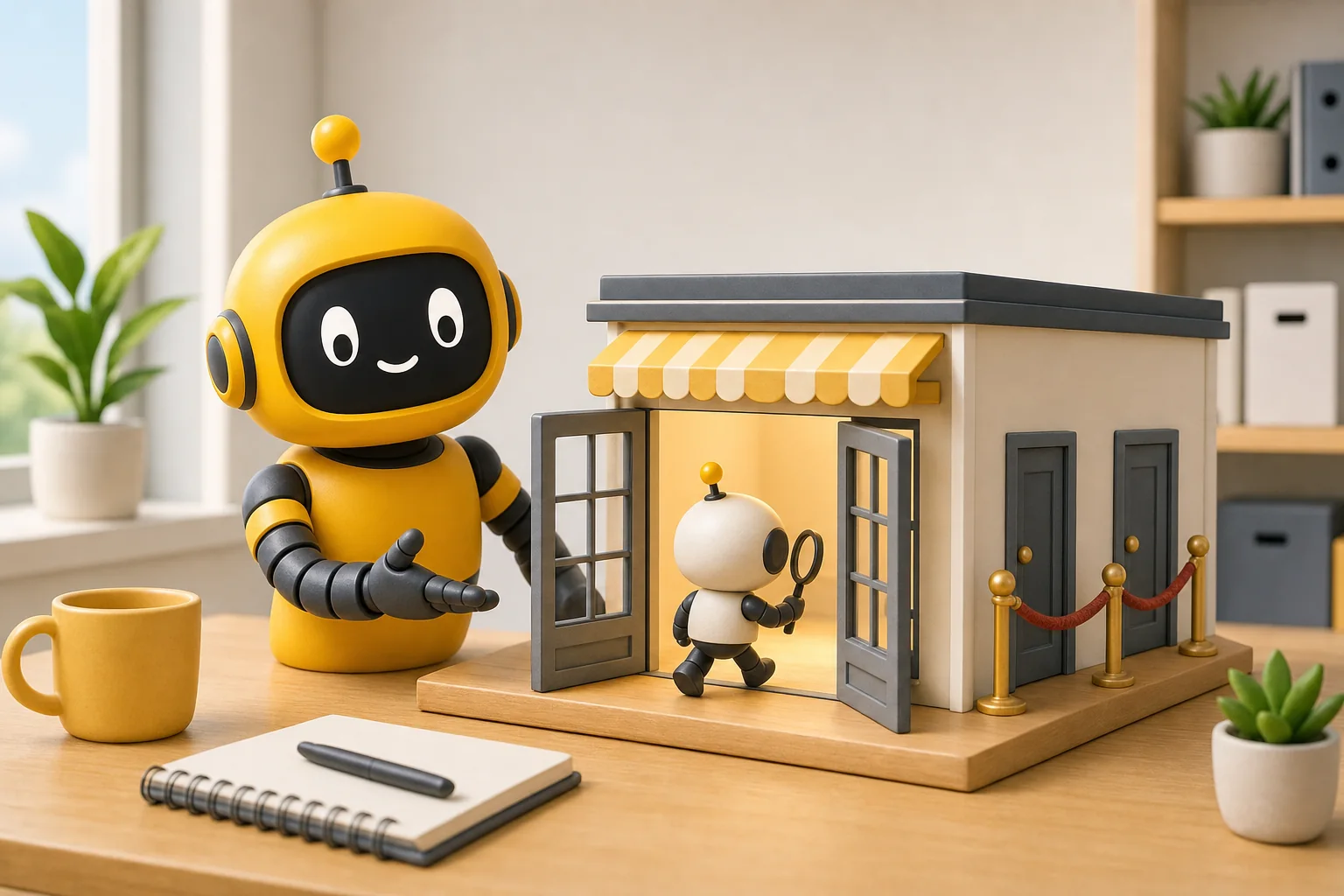 Theo's yellow robot welcoming a small crawler robot through the open front doors of a model shop, while two side doors stay roped off