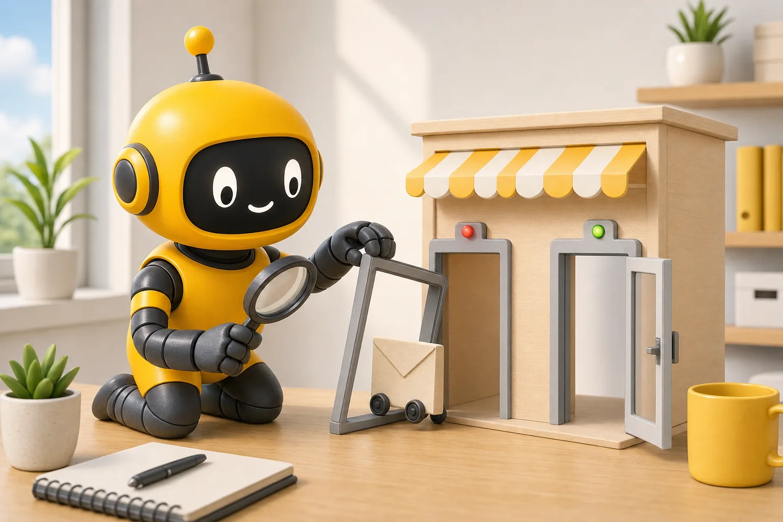 Theo robot holding a magnifying glass and lifting a small gate at one door of a model shop so an envelope on wheels can roll in, beside an open door with a green light