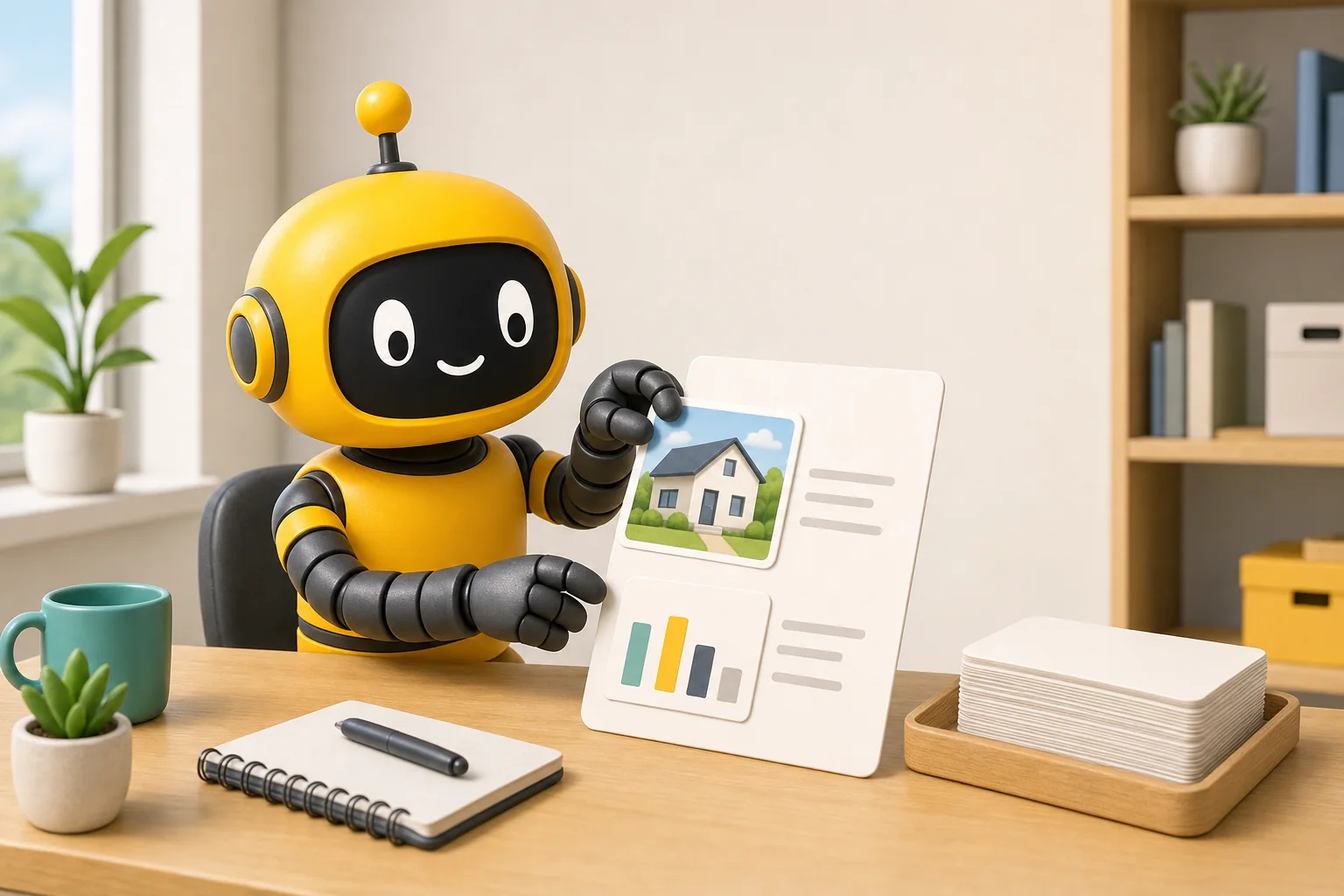 Theo's yellow robot at a desk adding a house photo and a small chart to a page card, beside a tray of plain cards left as they are