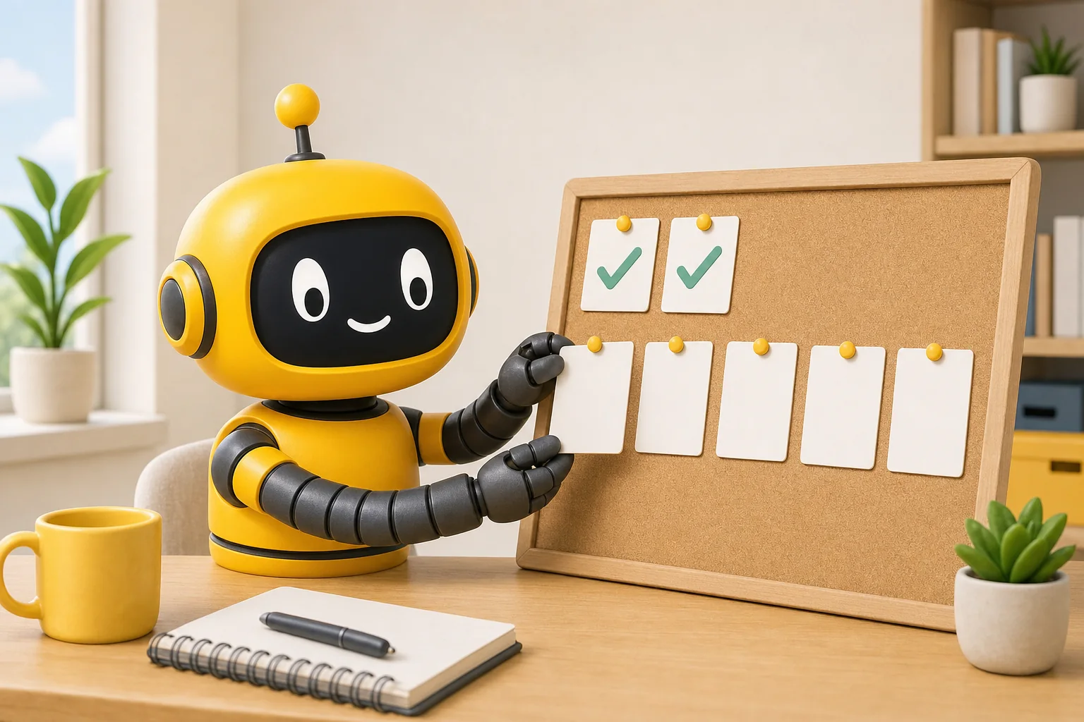 Theo robot pinning blank cards in a short row on a cork board, beside two cards already marked with green checks