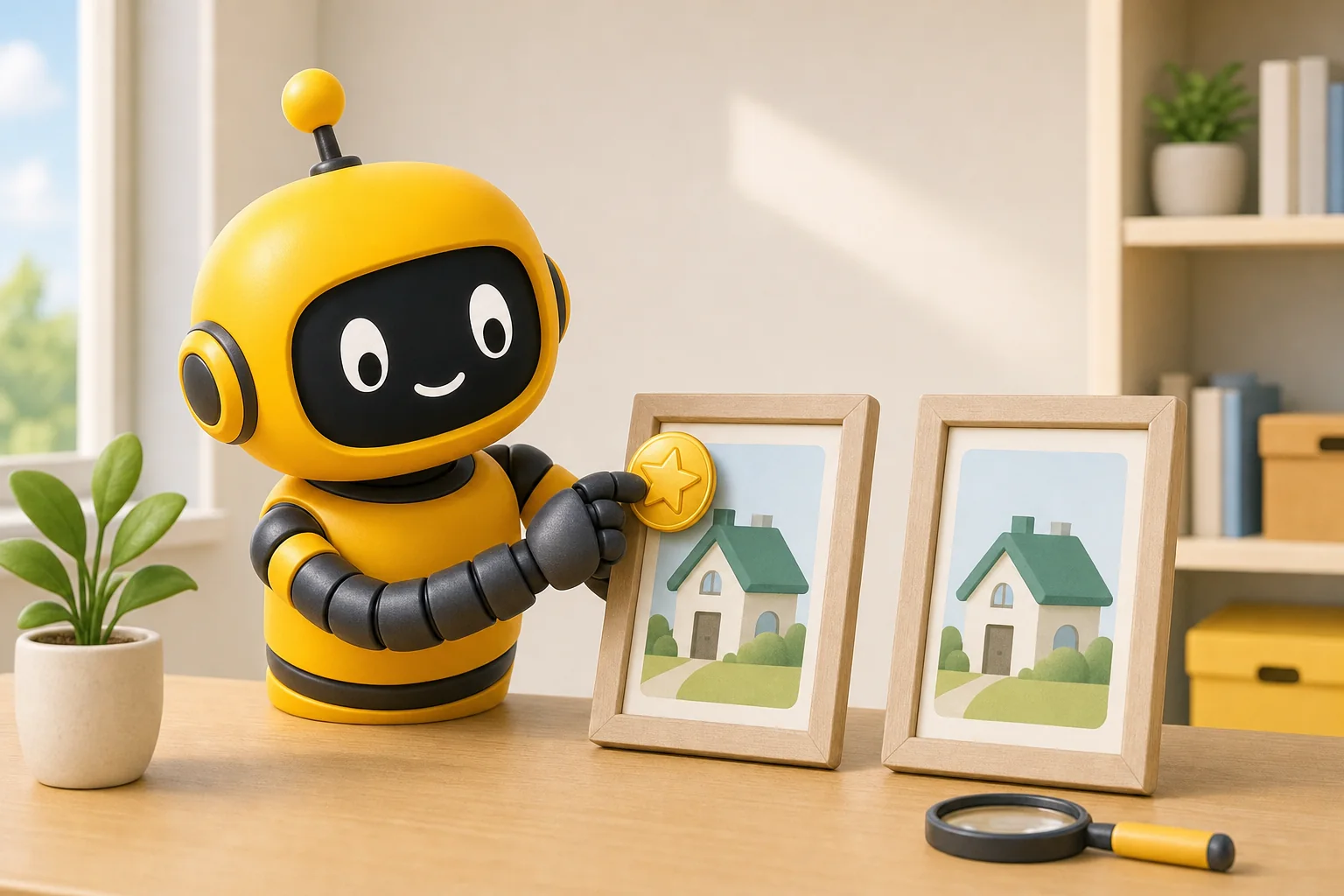 Theo's yellow robot pressing a gold star sticker onto one of two matching framed pictures of the same house