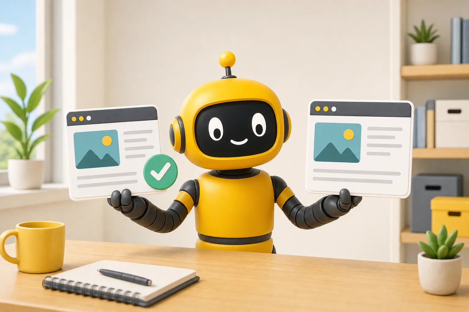 Theo robot holding up two matching webpage cards, one marked with a green check