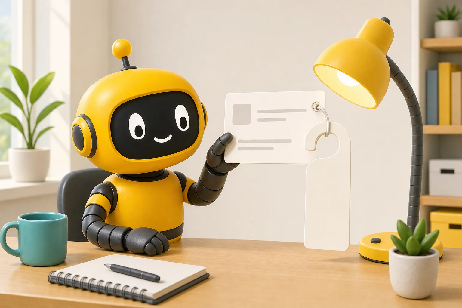 Theo's yellow robot at a desk holding up a page card with a blank door hanger looped through its corner, beside a yellow desk lamp