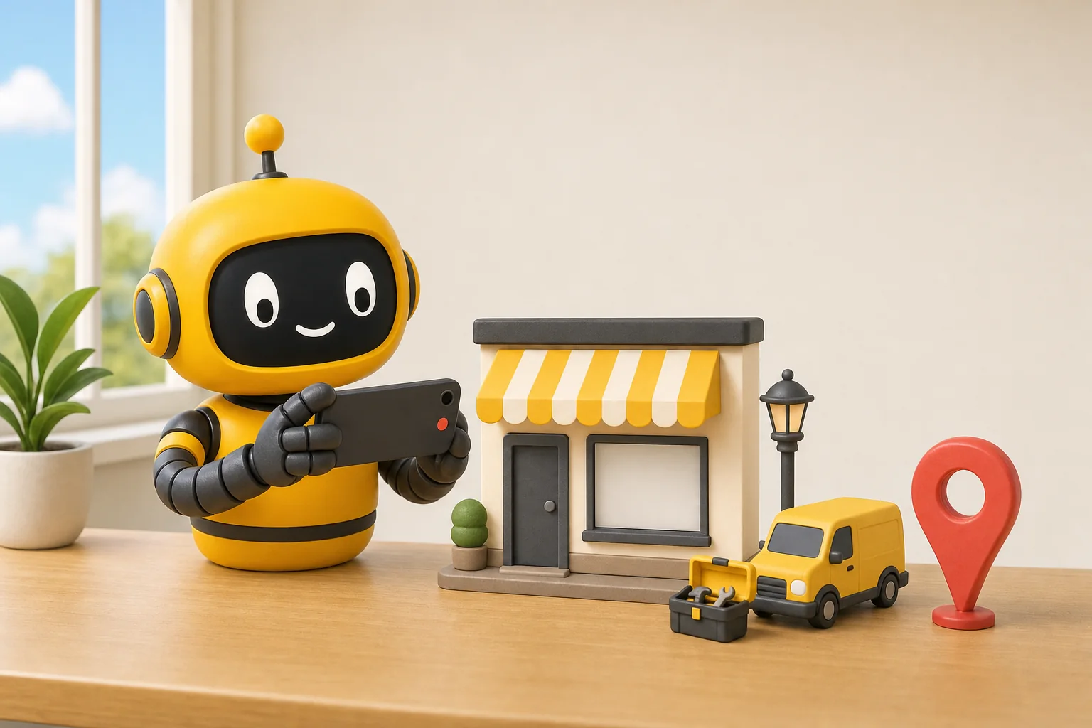 Theo's yellow robot filming a small toy shop with a phone, beside a toy work van, a toolbox and a red map pin