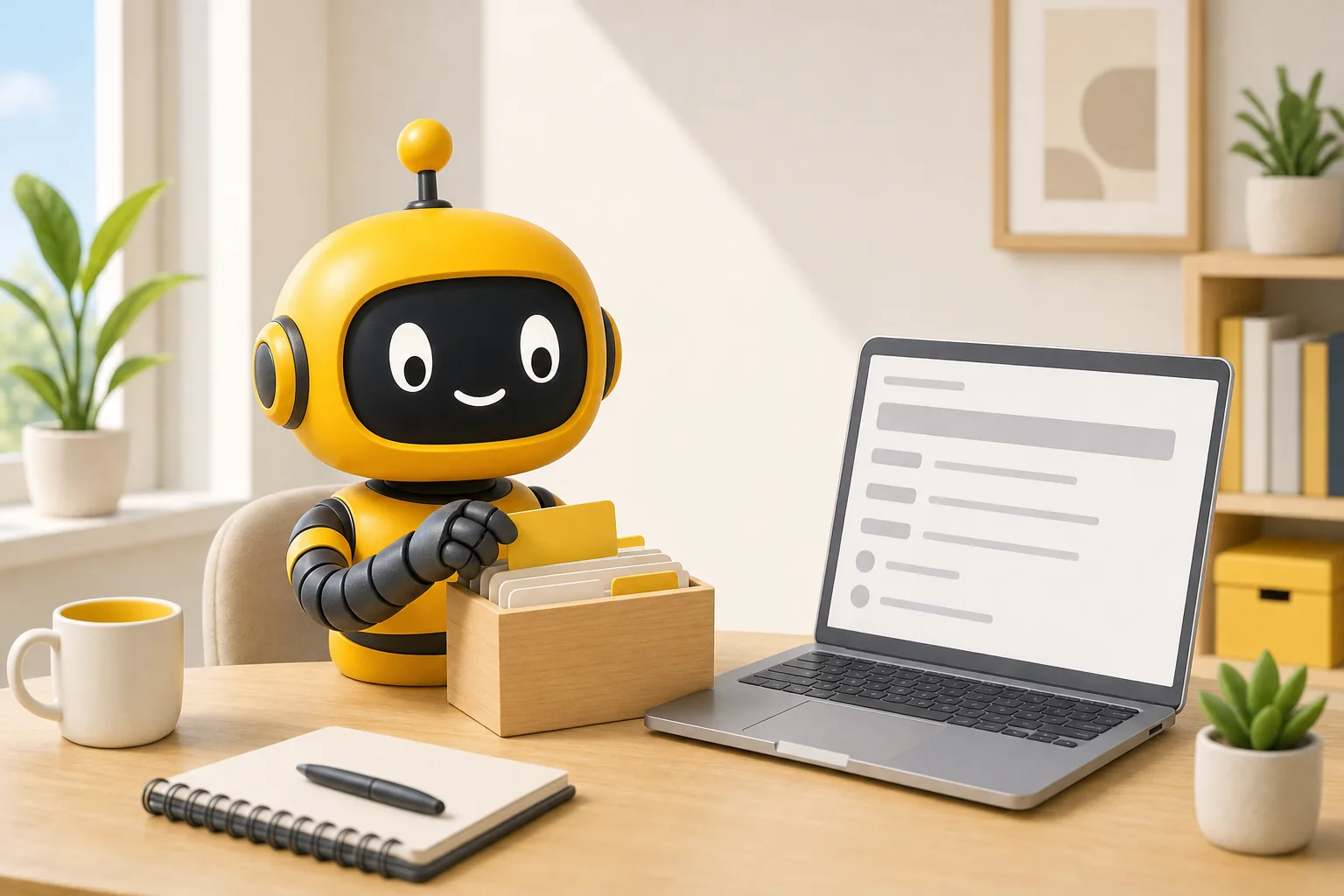 Theo's yellow robot filing a small card into a wooden card box beside a laptop