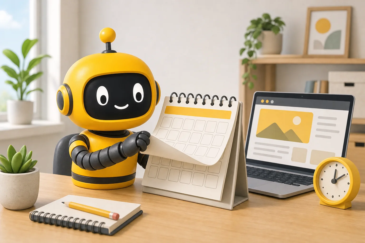 Theo robot flipping a wall calendar next to a laptop and a small clock