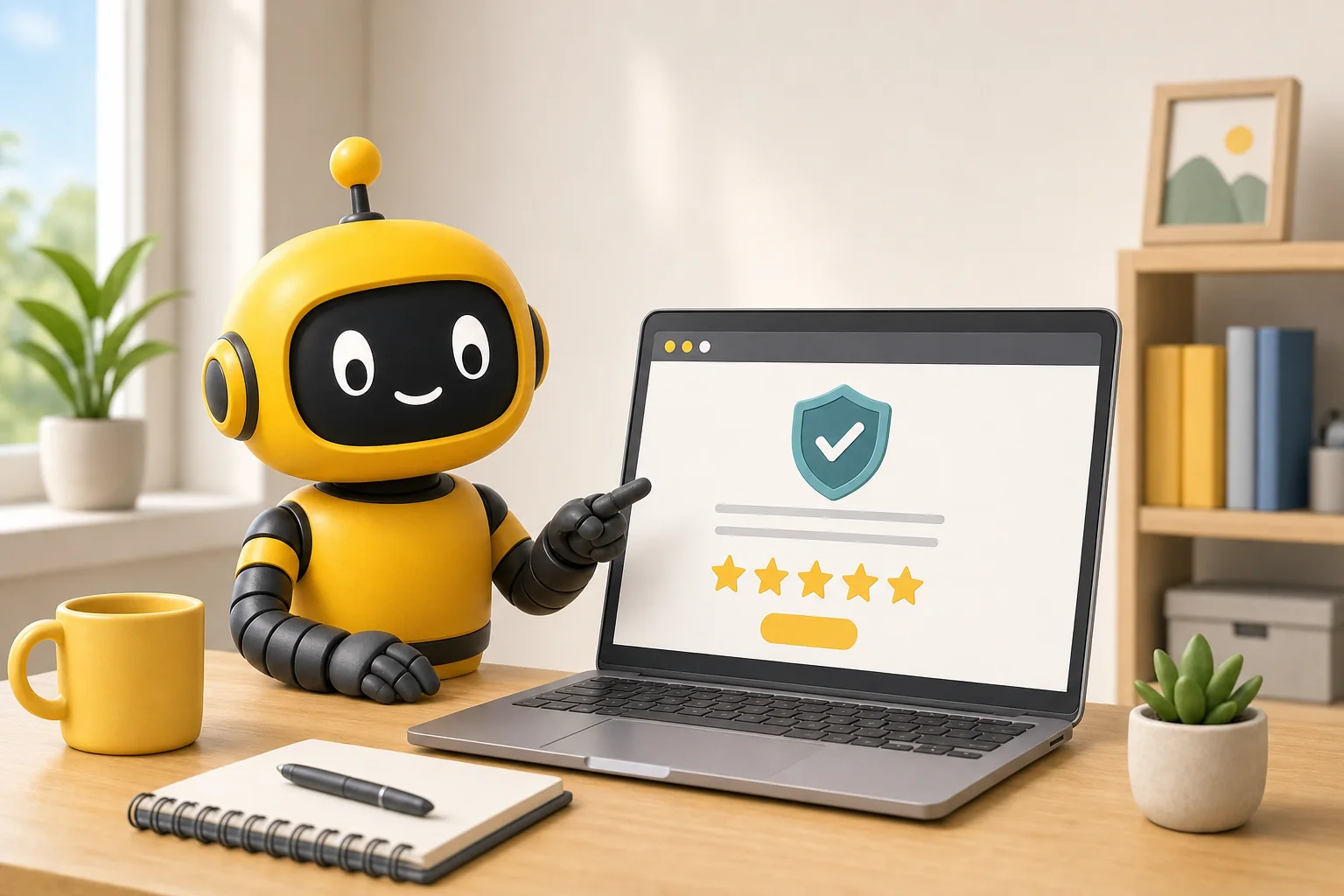 Theo robot beside a laptop with a shield badge, five stars and a small team photo card