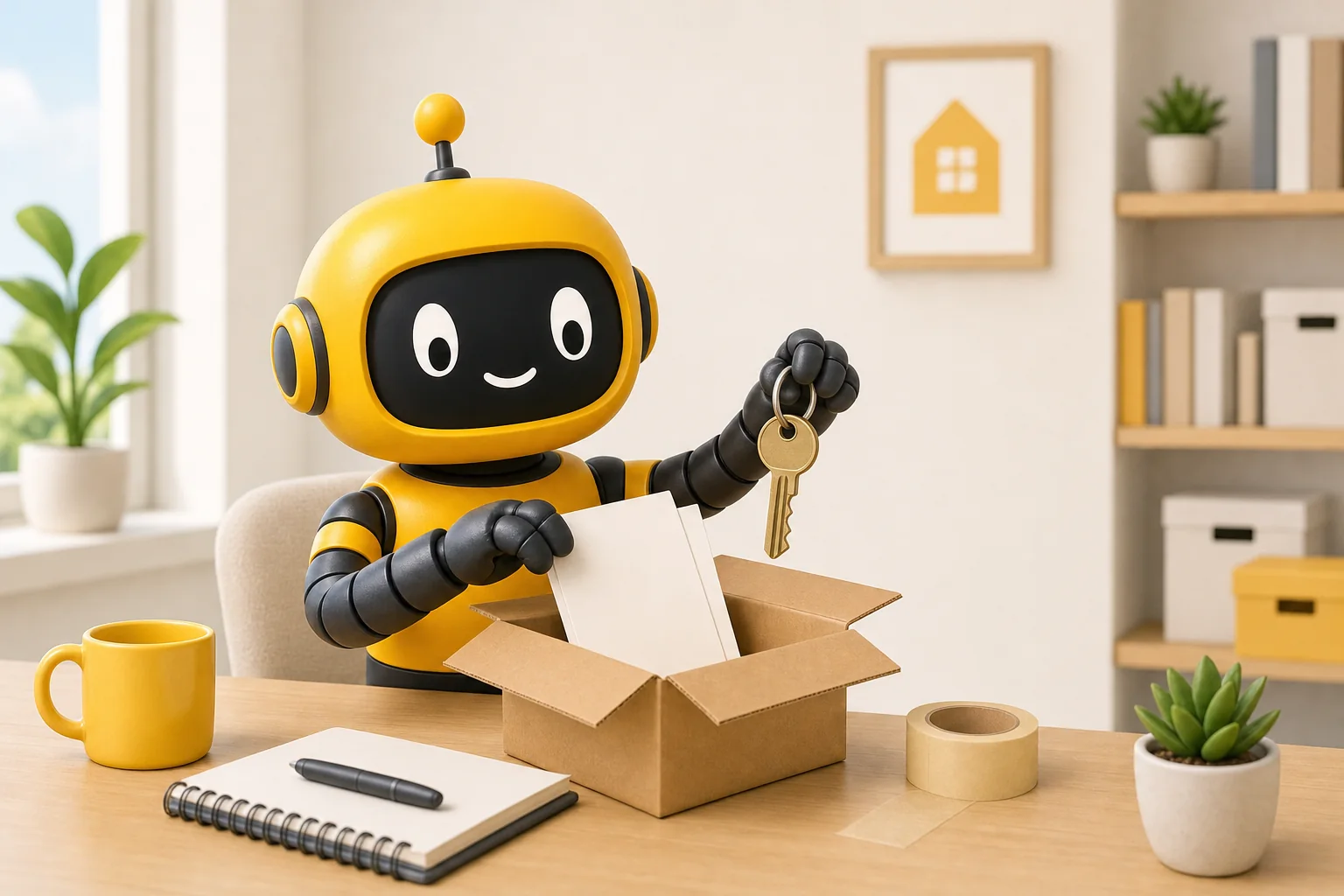 Theo robot packing blank pages into a cardboard box while holding a house key safely in its other hand
