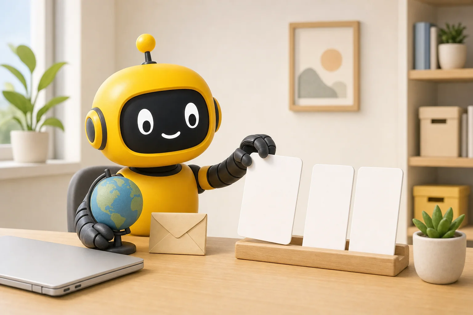 Theo robot sliding one blank card out of a row of three while keeping a small globe and an envelope safe on the desk
