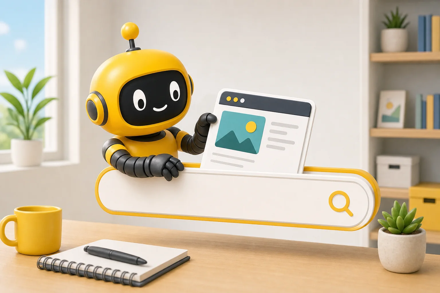 Theo robot sliding a webpage card into a large search bar with a green check above it