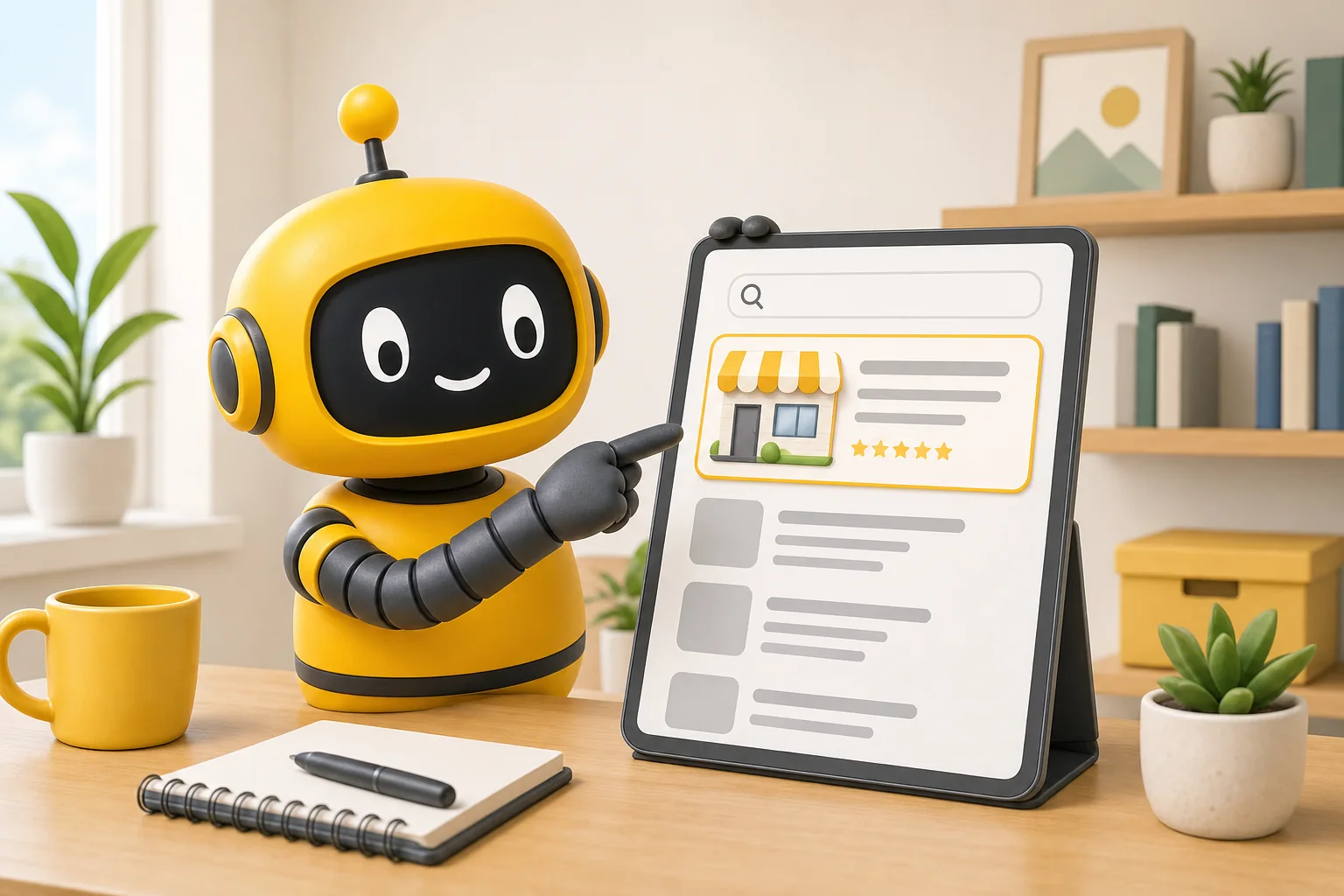 Theo robot beside a tablet on a stand showing a search results list with a storefront card on top