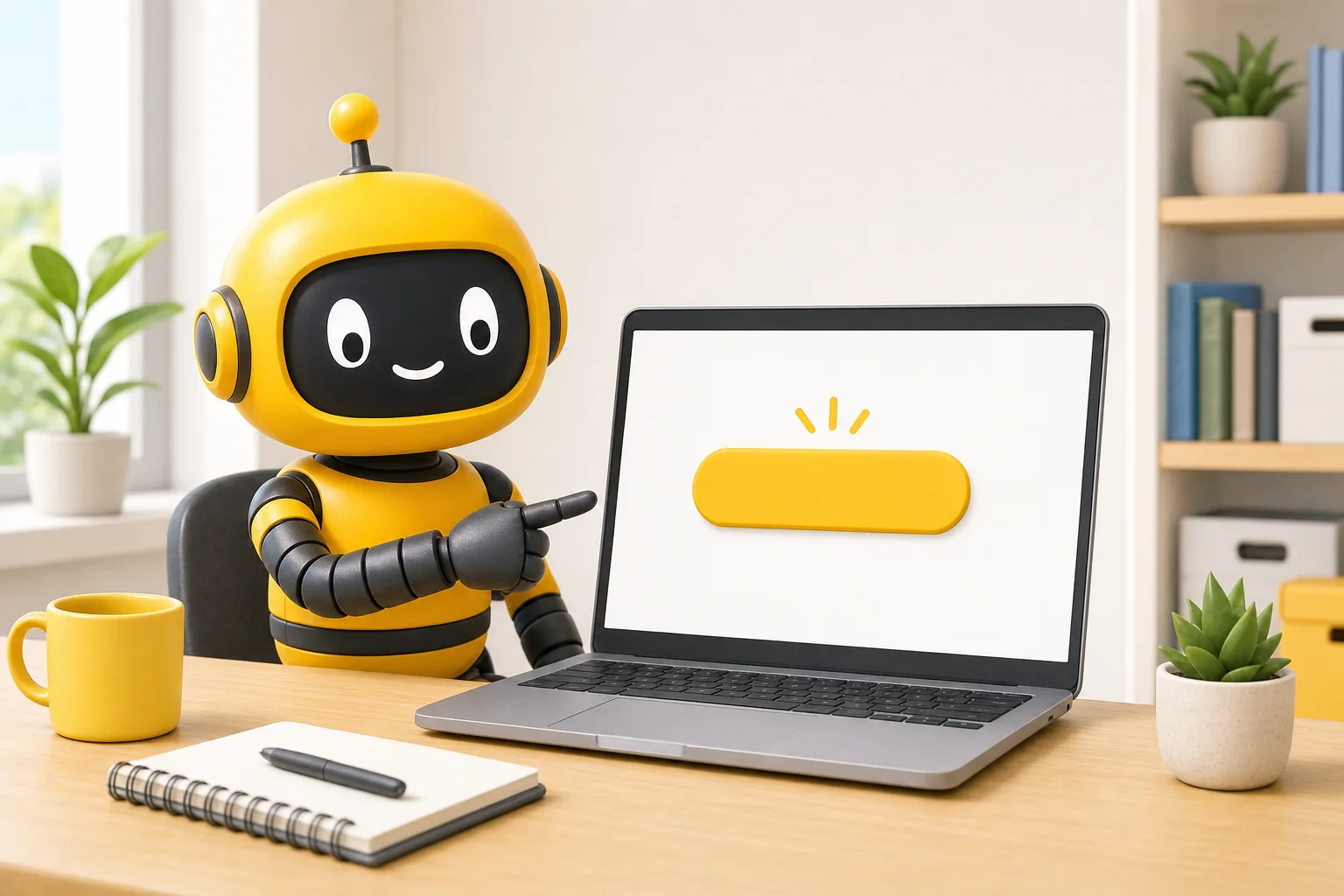 Theo robot pointing at a laptop with a big yellow button while tiny people icons flow through a funnel into a shopping bag