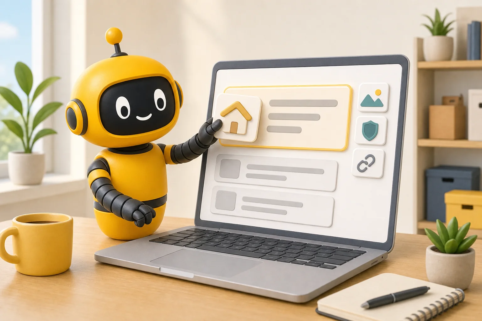 Yellow Theo robot sliding a card with a small house into the answer panel at the top of a search results screen on a laptop