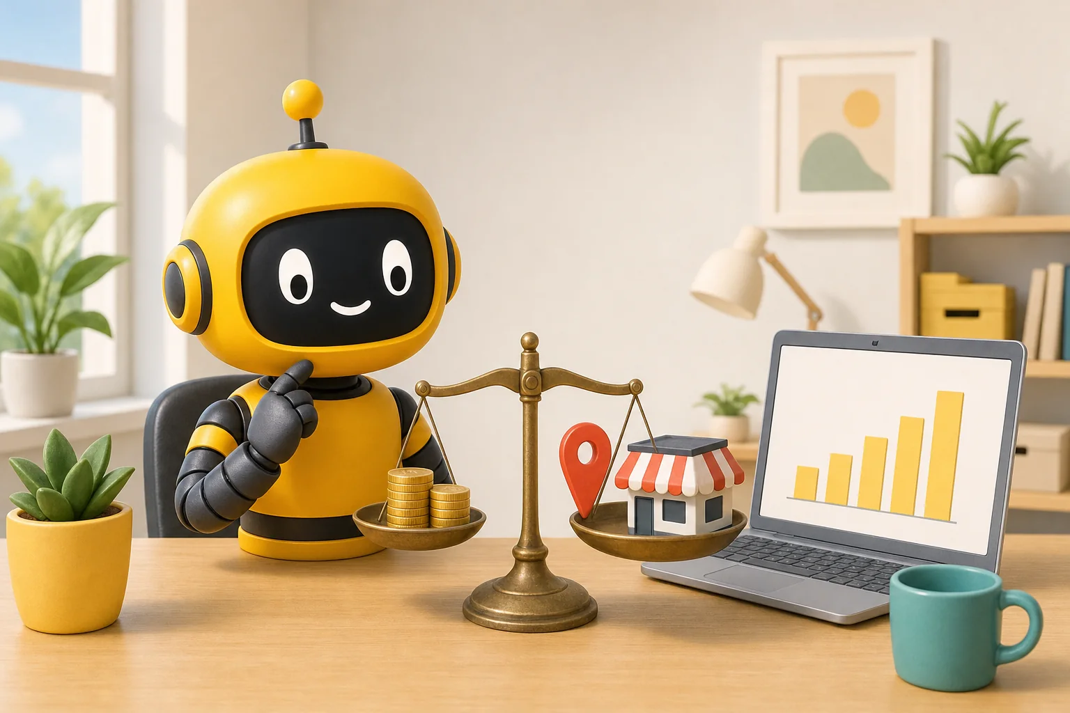 Theo's yellow robot at a desk beside a brass balance scale, with coins on one pan and a map pin and a small shop on the other
