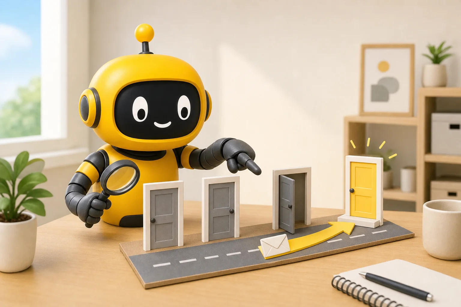 Theo robot pointing at a model street where two doors stay closed and a yellow arrow guides an envelope from an old door to a new one