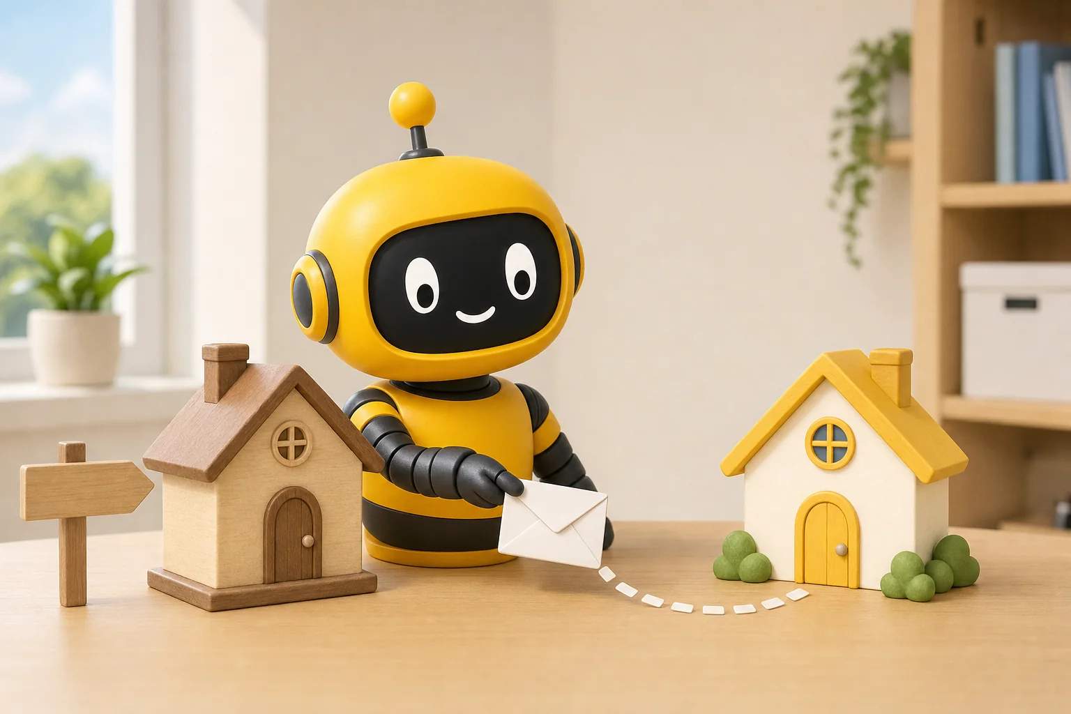 Theo robot carrying an envelope along a dotted paper trail from a small wooden toy house to a brighter new toy house on a desk