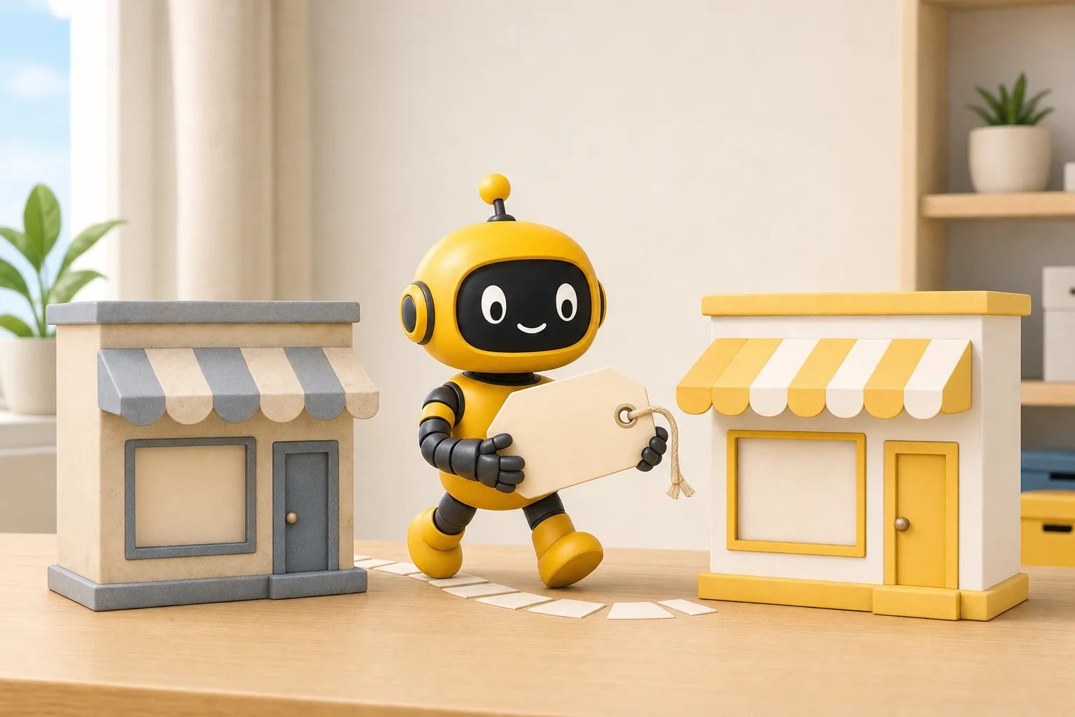Theo robot carrying a blank tag along a paper path from an older toy shop to a brighter new one on a desk
