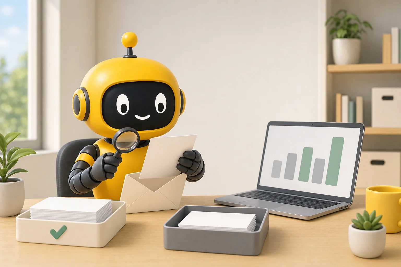 Theo robot reading a letter with a magnifying glass and sorting cards into a tray with a green check and a plain gray tray