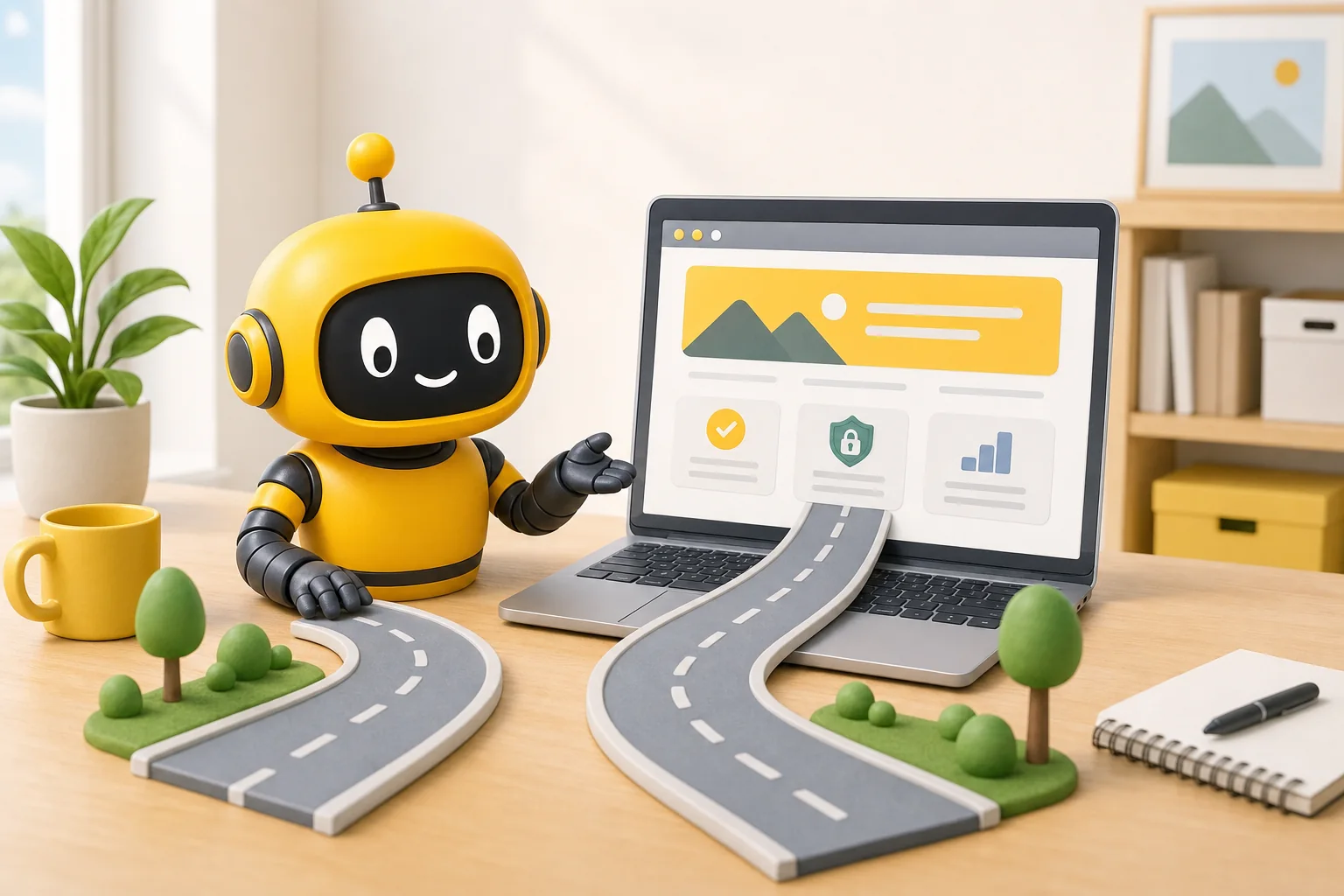 Theo robot pointing at two paths merging into one road that leads to a laptop