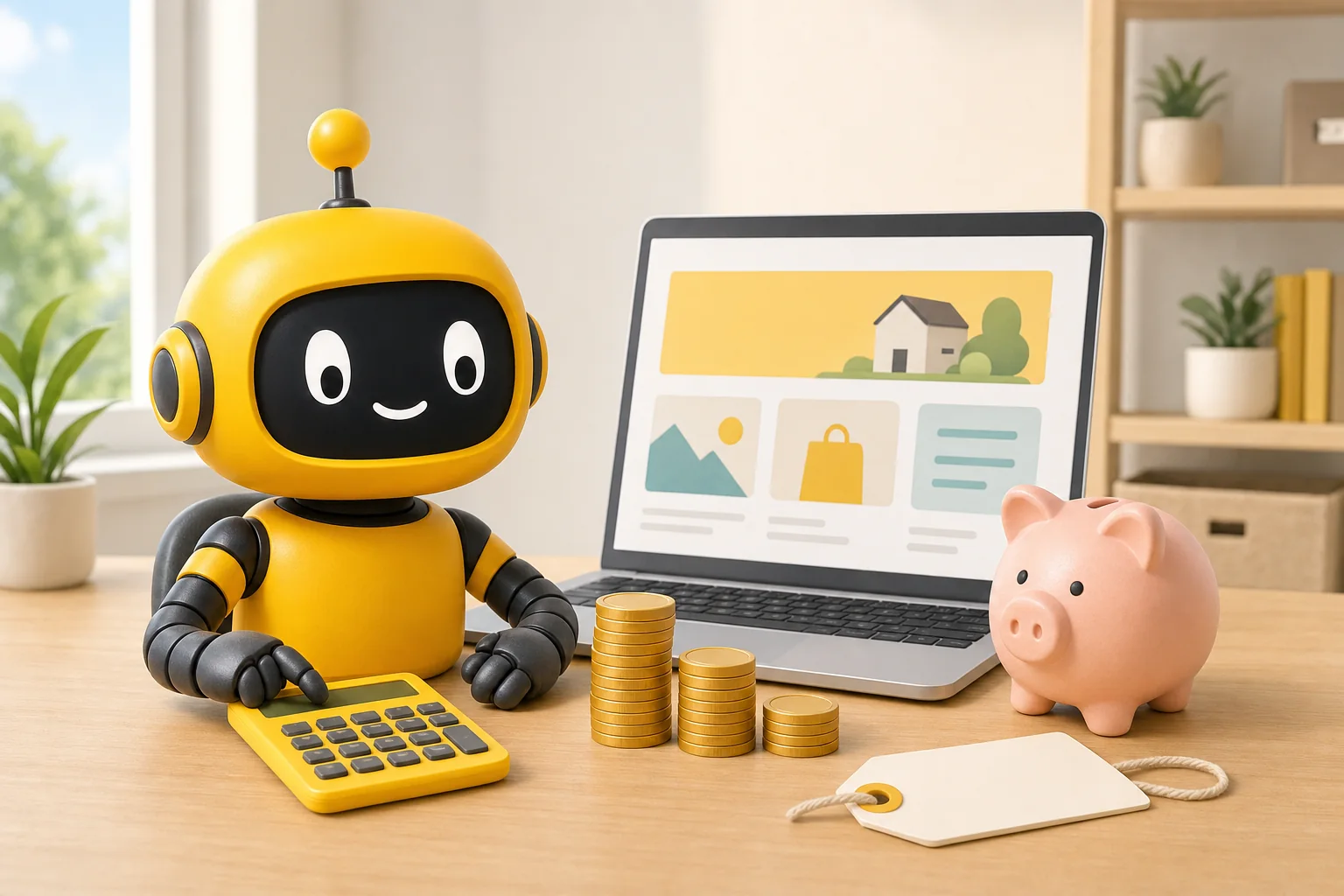 Theo robot with a calculator, stacked coins and a piggy bank beside a laptop showing a simple website