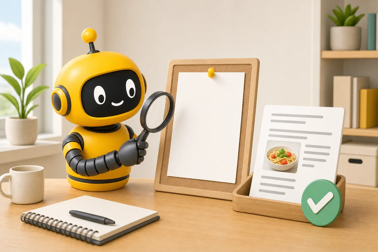 Theo robot holding a magnifying glass up to a blank sheet pinned on a corkboard, next to a filled page with a photo of pasta in a tray with a green check