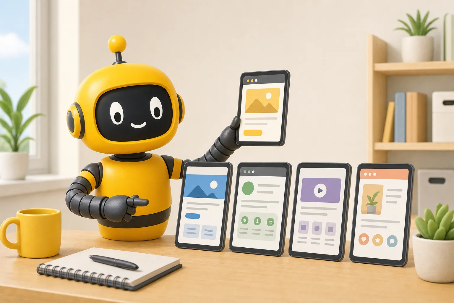 Theo robot comparing several small tablets on stands, each showing a different simple website