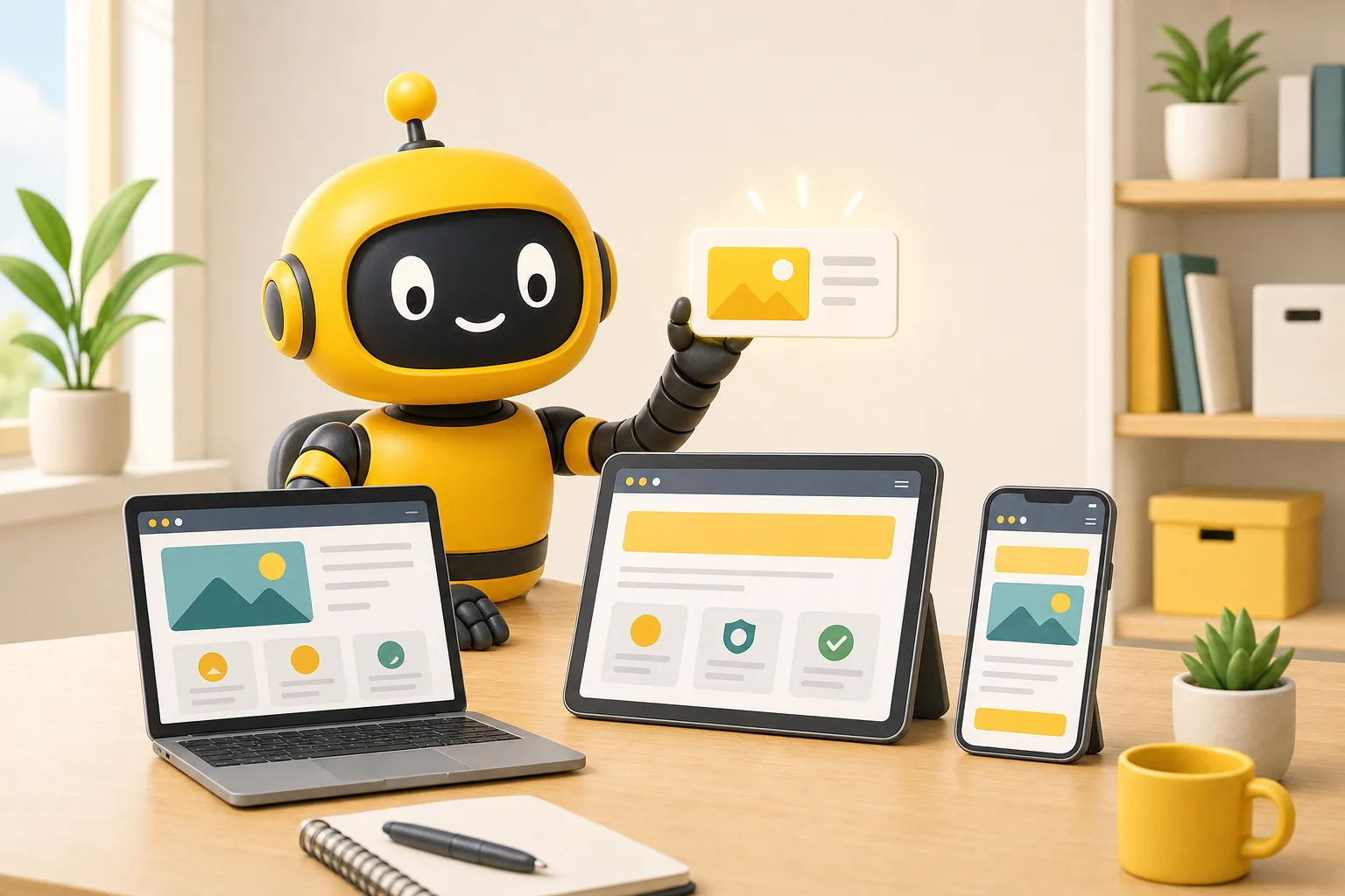 Theo robot beside a laptop, a tablet and a phone showing the same site