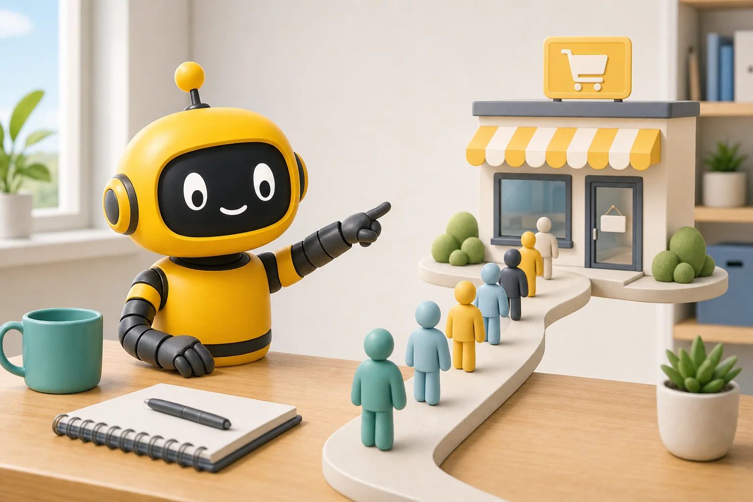 Theo robot pointing at a line of people walking up to a shop
