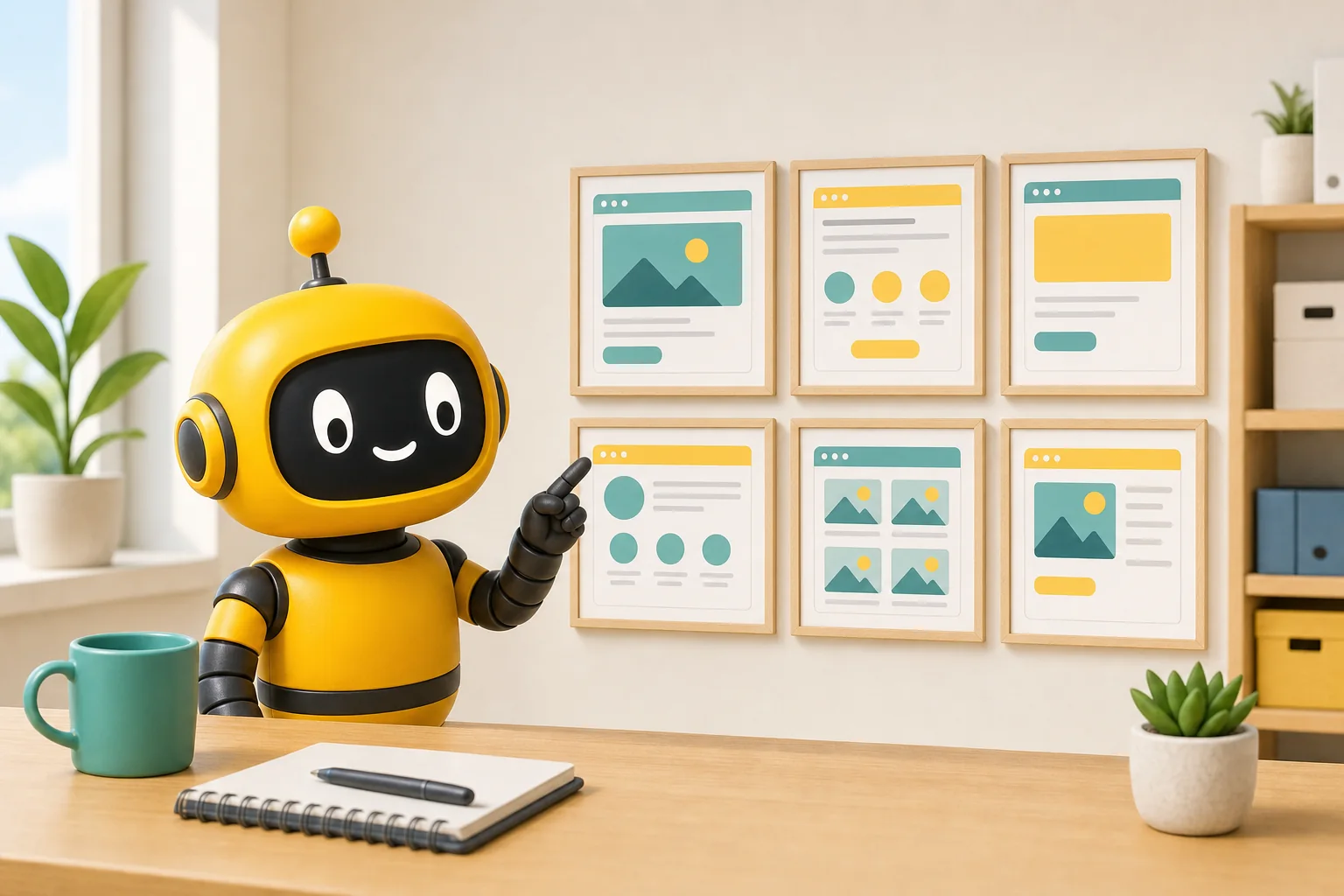 Theo robot pointing at a wall of framed page layouts