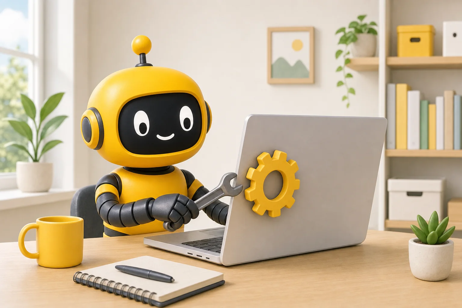 Theo robot fixing a laptop with a wrench and a gear