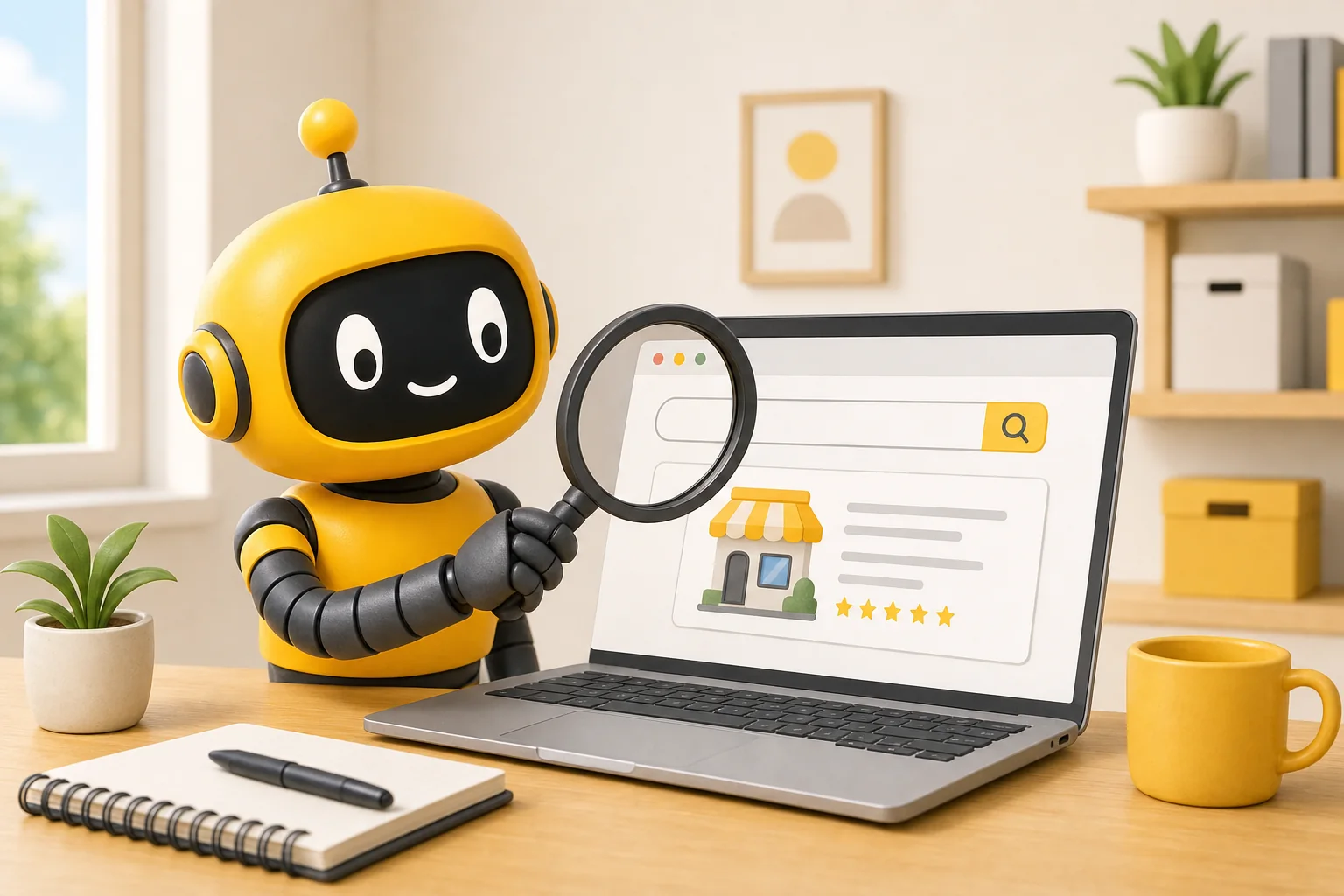 Theo robot holding a magnifying glass up to a laptop showing a shop's search listing with five stars