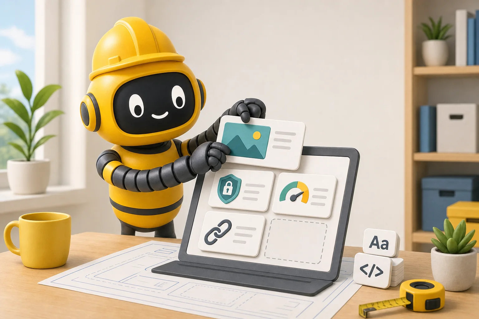 Theo robot in a hard hat building a web page on a tablet