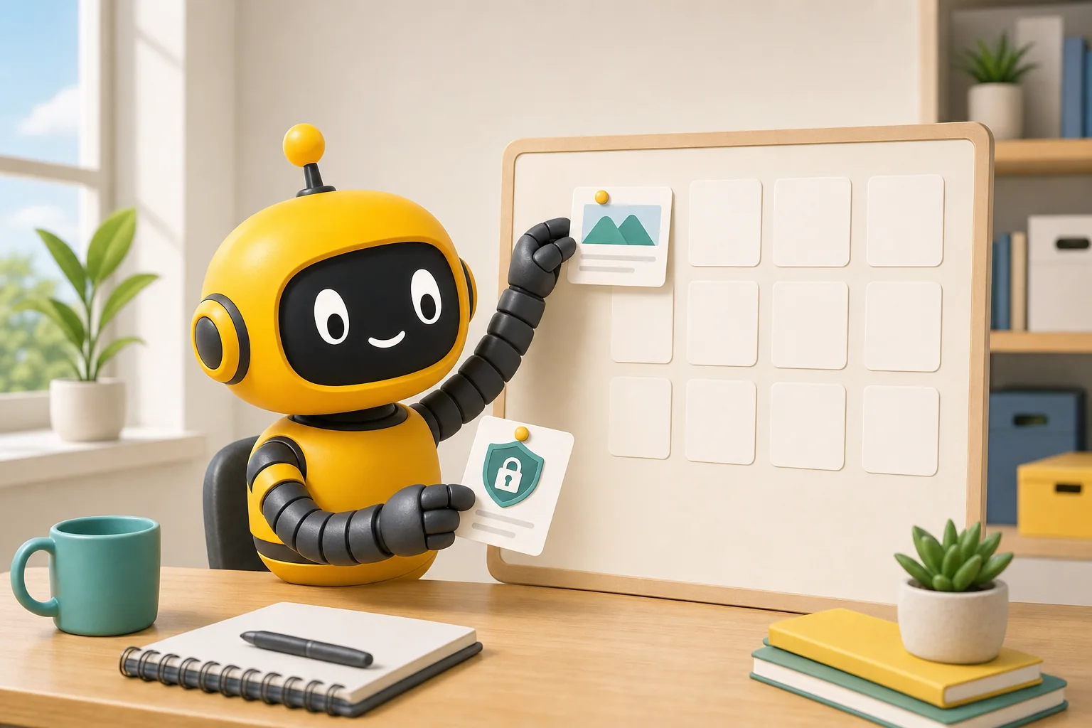 Theo robot pinning page cards onto a calendar board beside a laptop