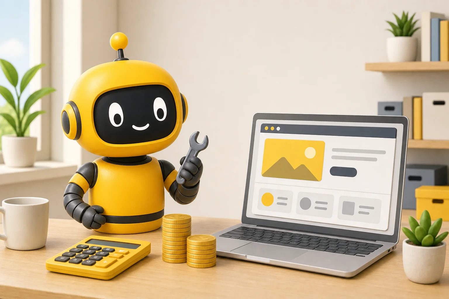 Theo robot holding a wrench beside a calculator, coins and a laptop showing a simple website