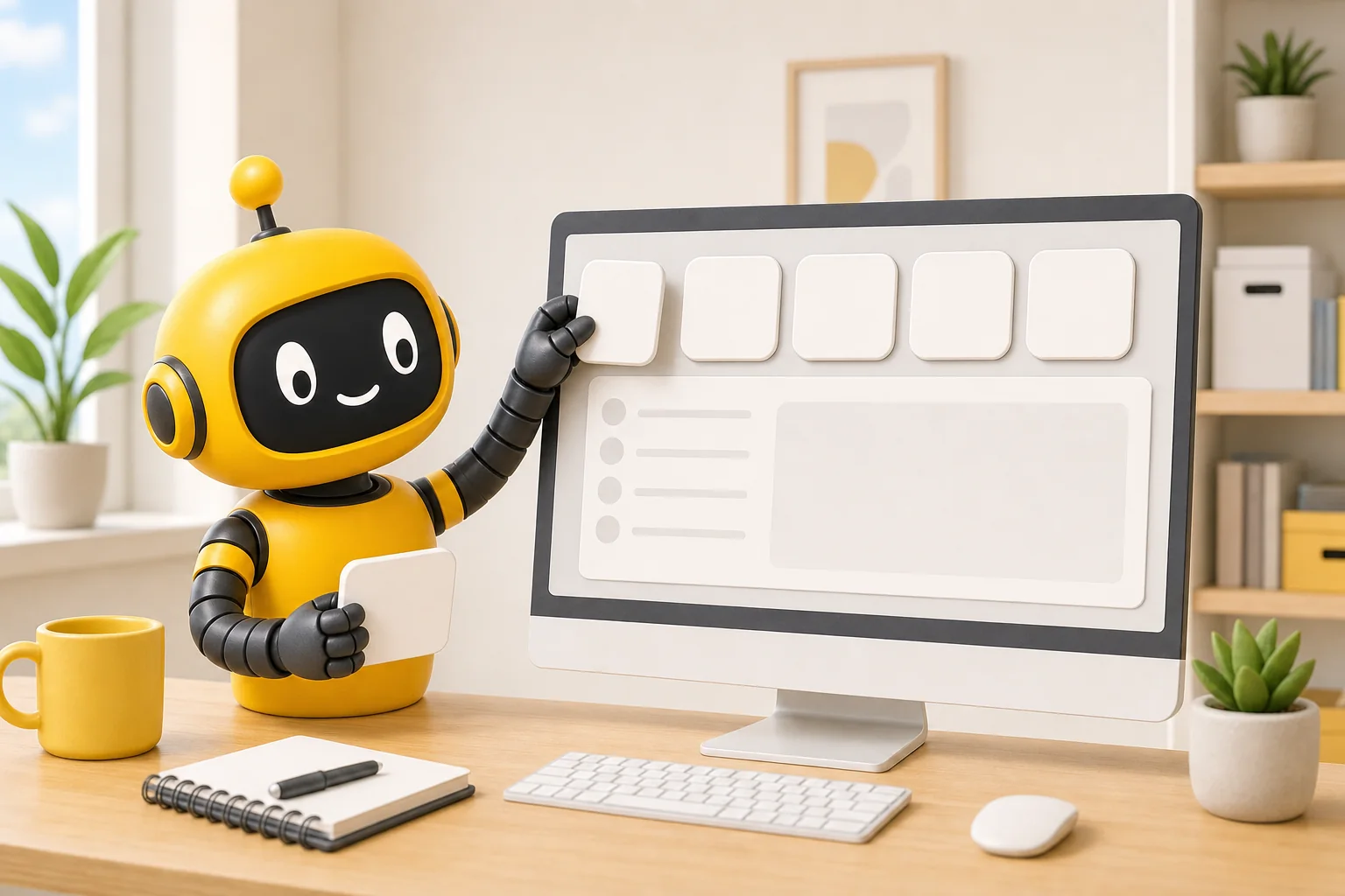 Theo robot arranging a row of menu tab tiles across a large screen