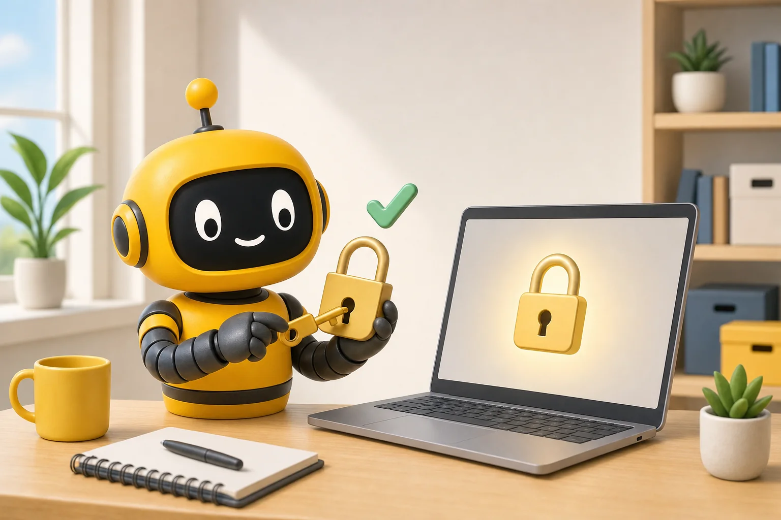 Yellow Theo robot fitting a small key into a golden padlock beside a laptop that shows a glowing padlock