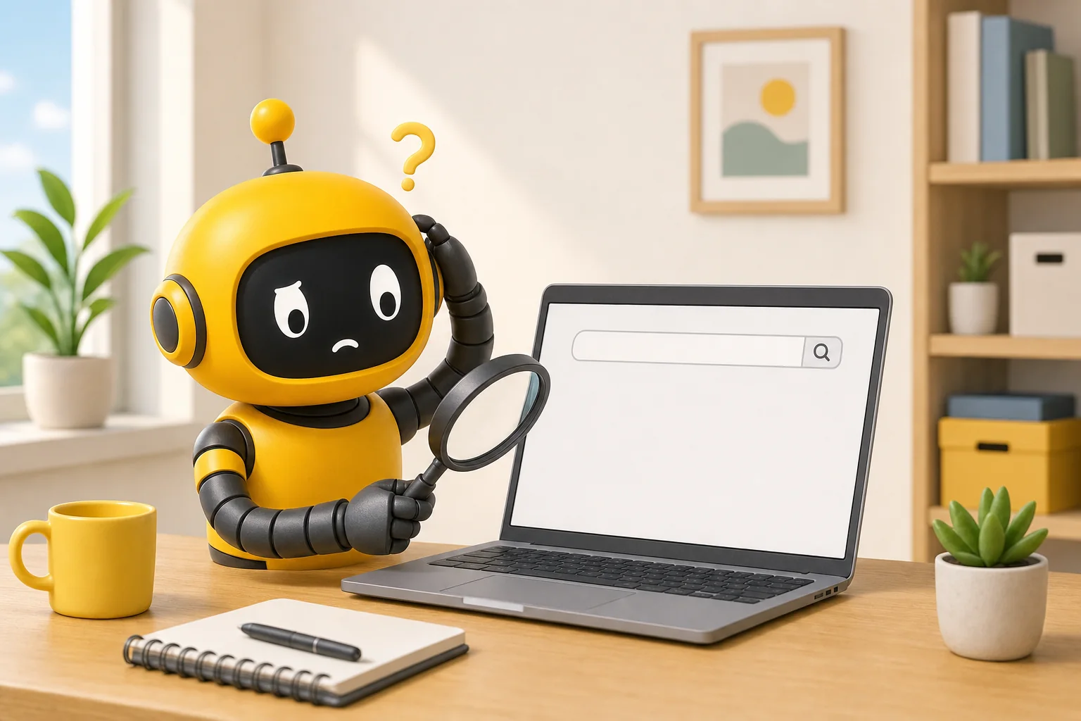 Puzzled Theo robot holding a magnifying glass over a laptop with an empty search results screen