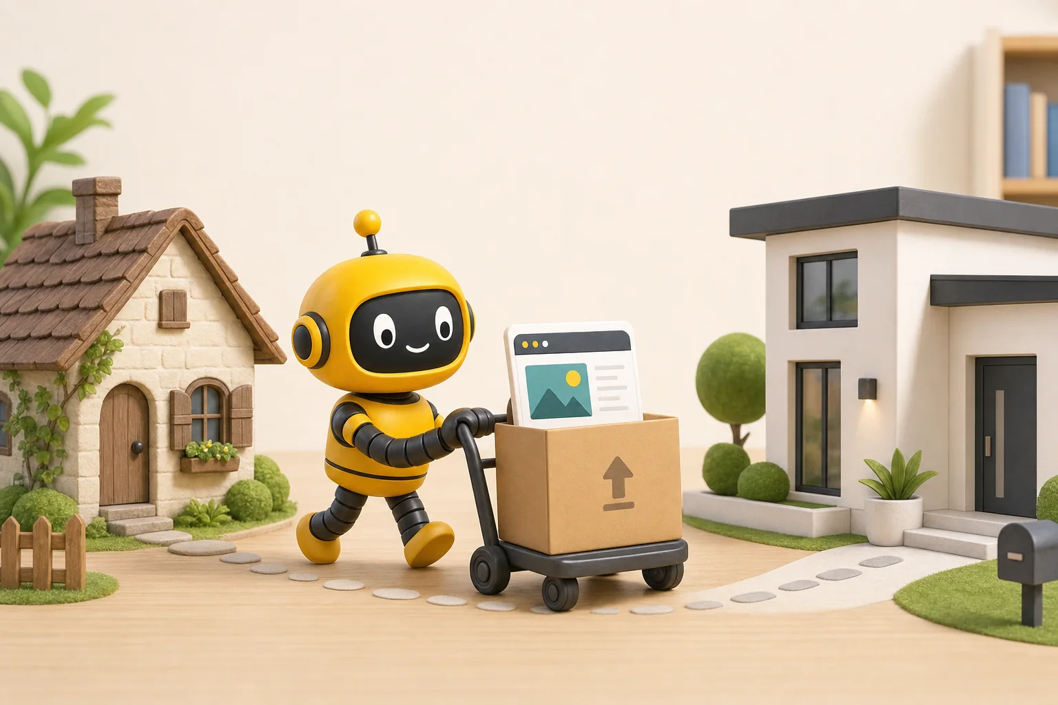 Theo robot pushing a moving cart with a boxed website card from a small old house to a new one