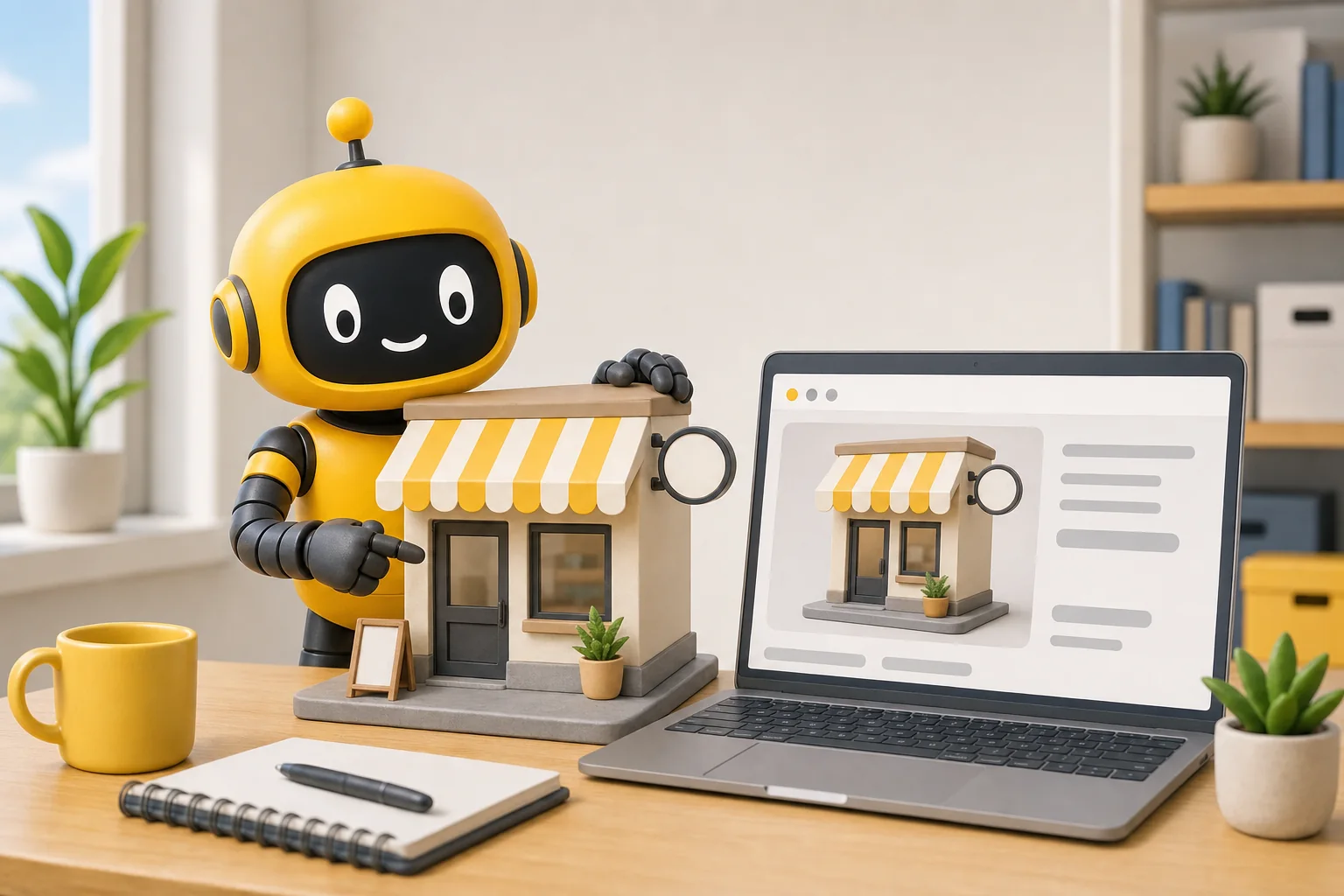 Theo robot waving customers toward a tiny storefront that also appears on a laptop screen