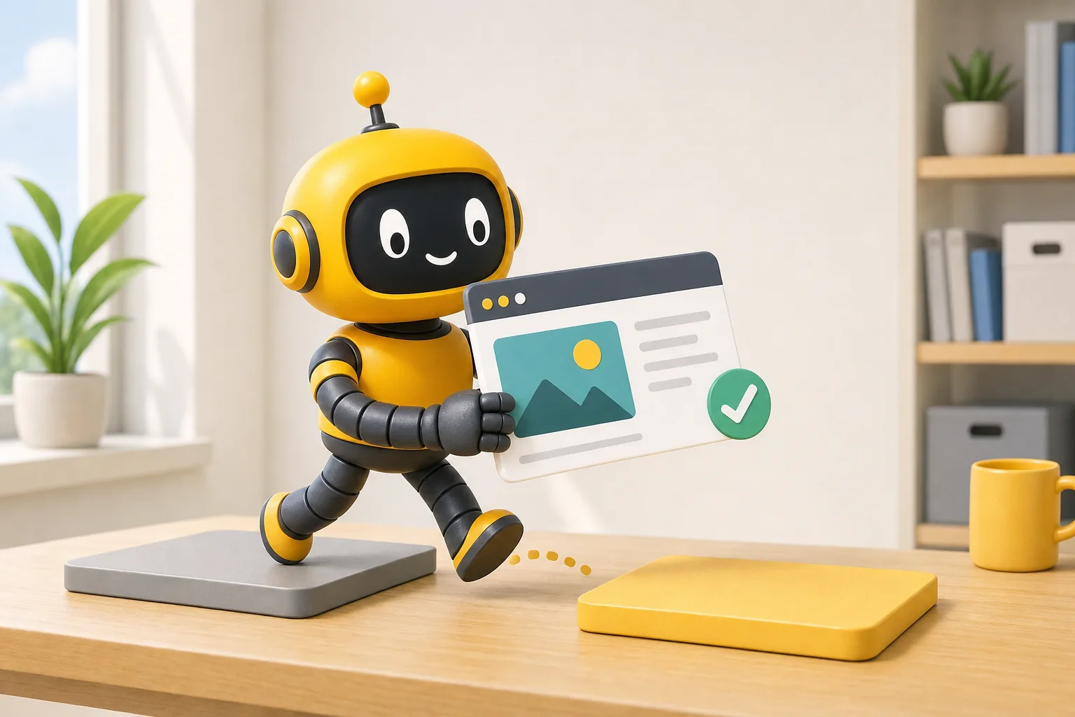 Theo robot carrying a website card from one platform tile to another