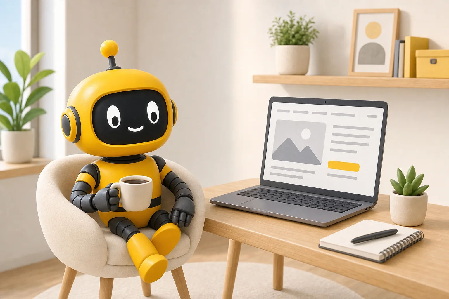 Theo robot relaxing in an armchair with a coffee while a laptop runs on its own