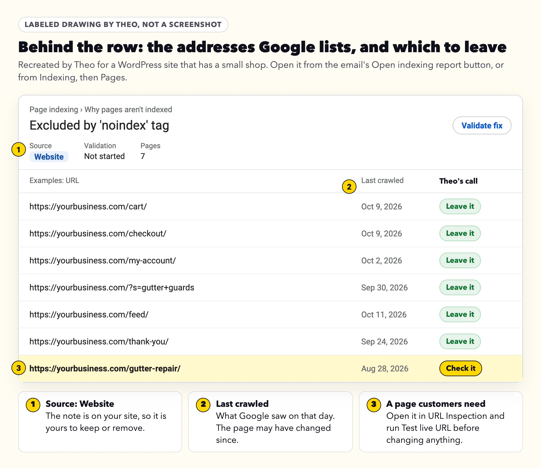 Labeled drawing of the Excluded by 'noindex' tag details in Search Console: Source Website, Validation Not started, seven example addresses with their last crawl dates, six marked Leave it and a gutter repair page marked Check it