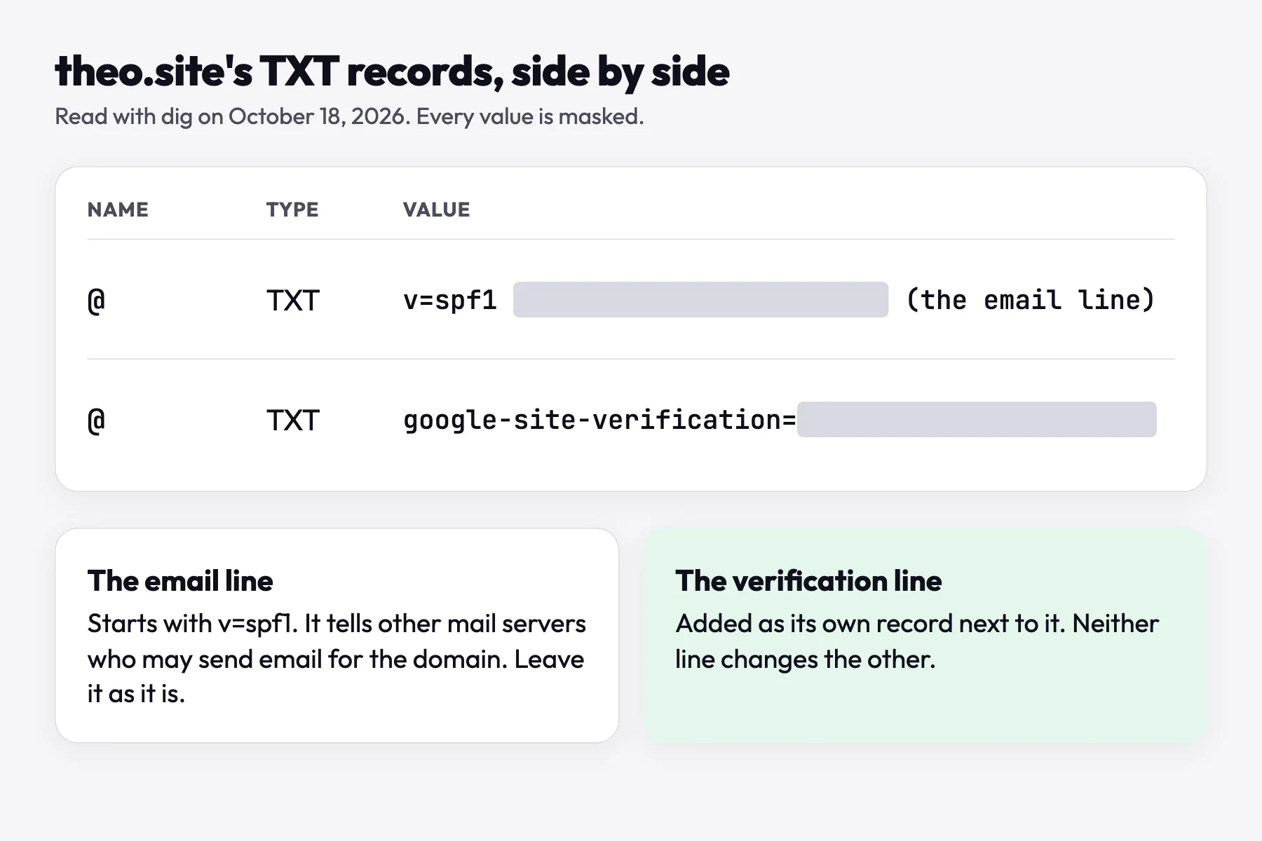 theo.site's two TXT records with values masked: the v=spf1 email line and a google-site-verification line