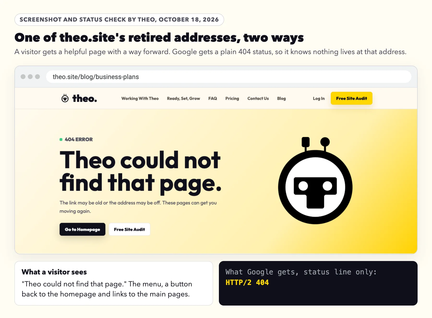theo.site's not-found page at /blog/business-plans, headed Theo could not find that page, with buttons to the homepage and the free audit, beside the status line HTTP/2 404