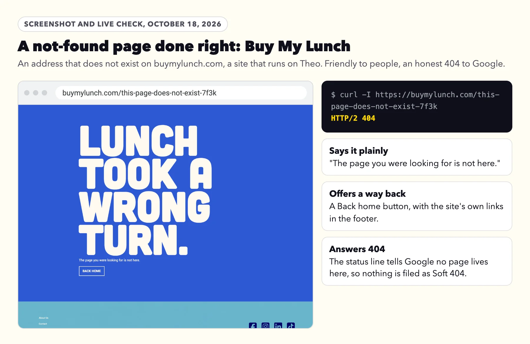 Buy My Lunch's not-found page at an address that does not exist, headed Lunch took a wrong turn, with the line The page you were looking for is not here and a Back home button, beside a live check showing HTTP/2 404