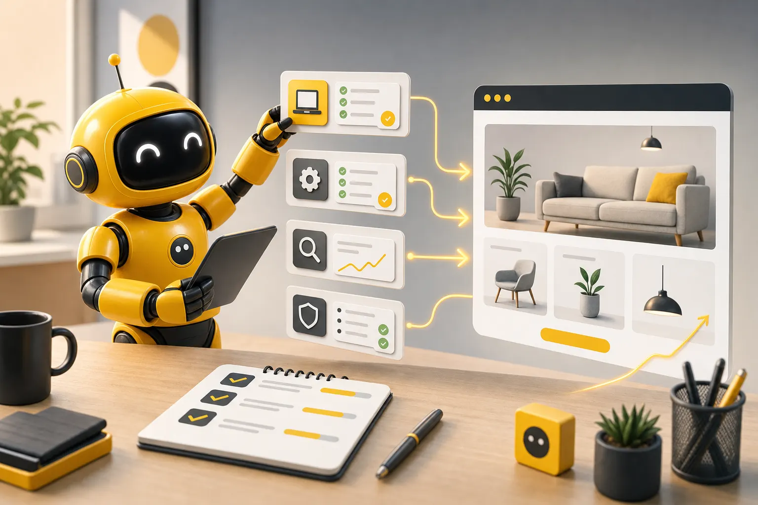Theo robot organizing small business website maintenance tasks